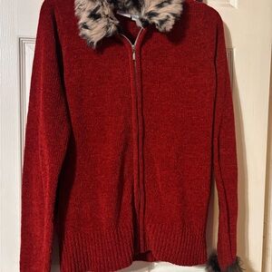 Red Sweater with Faux Fur Collar